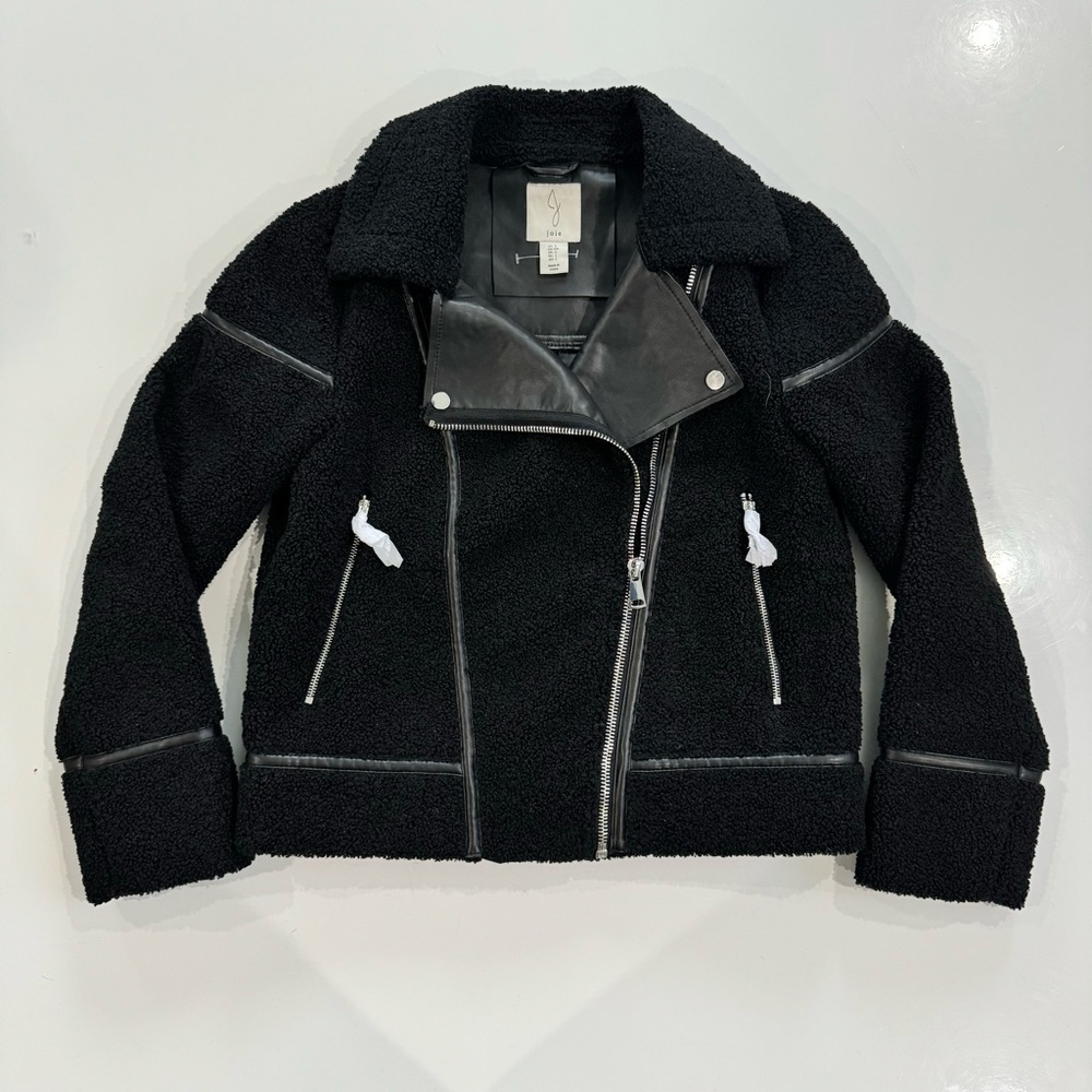 Joie Black Leather and Shearling Moto Zip Up Jacket